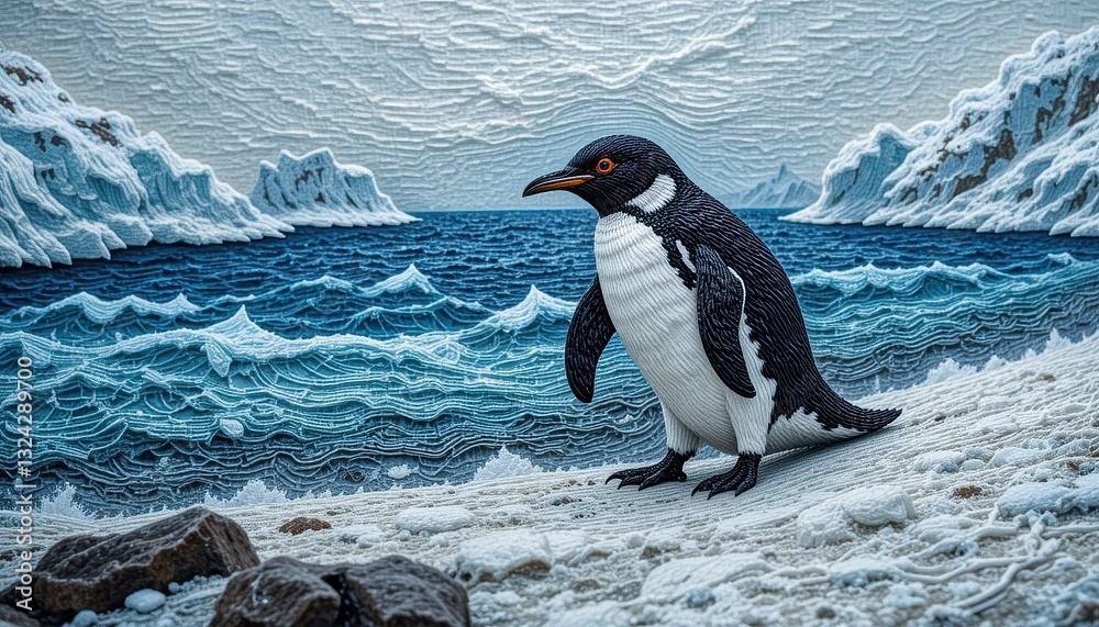 Obraz premium Antarctic Penguin on Snowy Beach near Ocean Waves and Icebergs