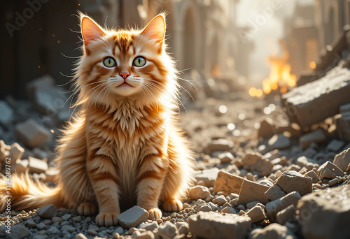 Alone Pet ginger cat on the ruins destroyed  houses by natural disasters or military actions. Generation AI
