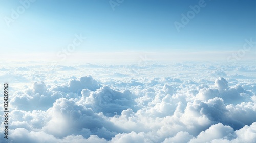 Panoramic blue sky with fluffy white clouds, a bright and clear atmosphere, perfect for a background banner or nature-themed design. photo
