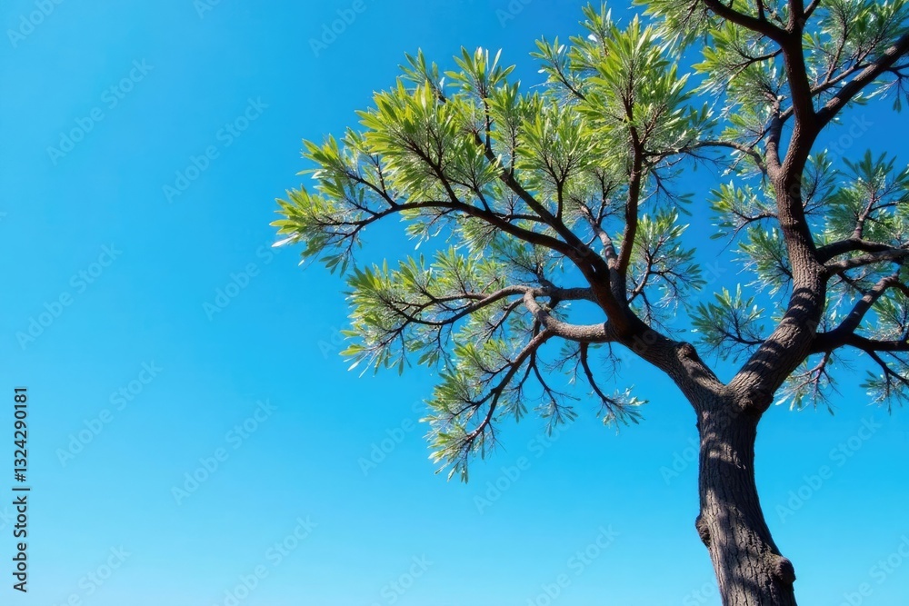Fototapeta premium Branches of acacia tree against a clear blue sky, sky, tree