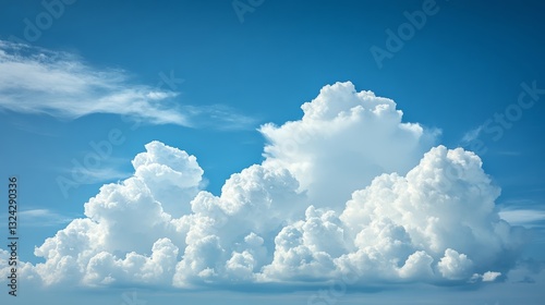 Panoramic blue sky with fluffy white clouds, a bright and clear atmosphere, perfect for a background banner or nature-themed design. photo