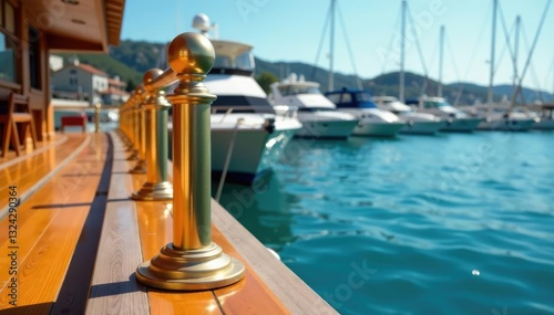Brass railings with rope-like wooden trim on a dock, nautical, dock, boats