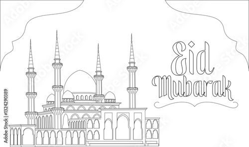 Drawing with lines of famous Islamic building Sultan Ahmad Shah Mosque in Malaysia. Outline style vector illustration of mosque. Eid Mubarak greeting template on white background.