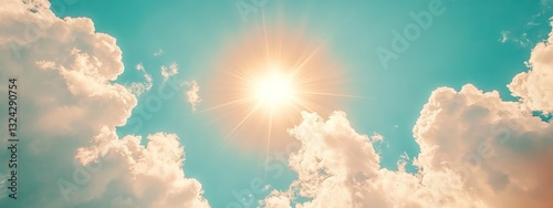 Panoramic blue sky with fluffy white clouds, a bright and clear atmosphere, perfect for a background banner or nature-themed design. photo