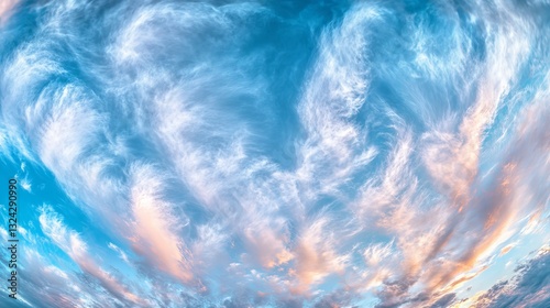 Panoramic blue sky with fluffy white clouds, a bright and clear atmosphere, perfect for a background banner or nature-themed design. photo