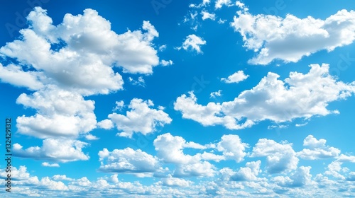 Panoramic blue sky with fluffy white clouds, a bright and clear atmosphere, perfect for a background banner or nature-themed design. photo