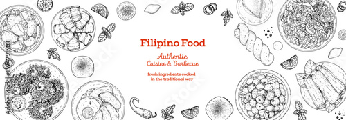 Filipino food top view vector illustration. Food menu design template. Hand drawn sketch. Filipino food menu. Vintage style.