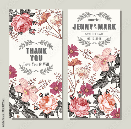 Wedding marriage thanks invitation. Beautiful blooming flowers. Vintage greeting card Frame Drawing engraving hibiscus Chamomile Rose isolated floral. Wallpaper background. Vector baroque Illustration