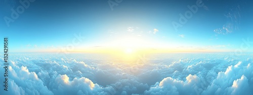 Panoramic blue sky with fluffy white clouds, a bright and clear atmosphere, perfect for a background banner or nature-themed design. photo
