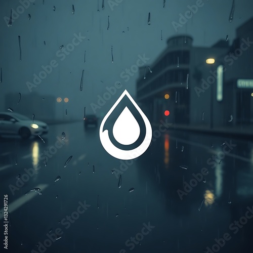 Rainy night city scene with water drop icon.