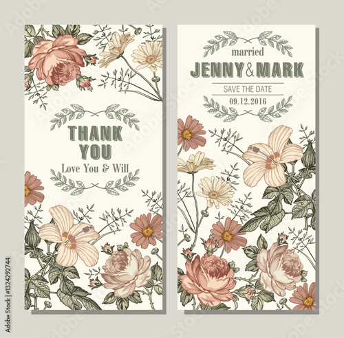 Wedding marriage thanks invitation. Beautiful blooming flowers. Vintage greeting card Frame Drawing engraving hibiscus Chamomile Rose isolated floral. Wallpaper background. Vector baroque Illustration