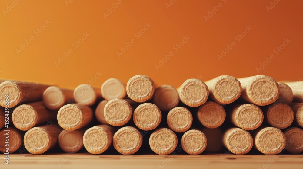 Wooden Rolling Pins Stacked Neatly on a Warm Orange Background Wooden Rolling Pins Stacked Neatly on a Warm Orange Background