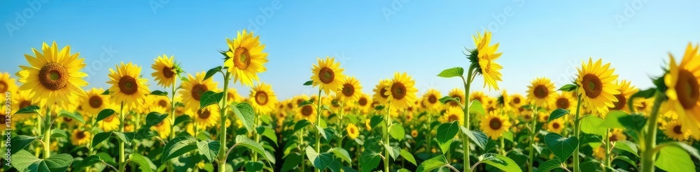 Fototapeta premium Field of tall sunflowers with a clear blue sky, field, harvest