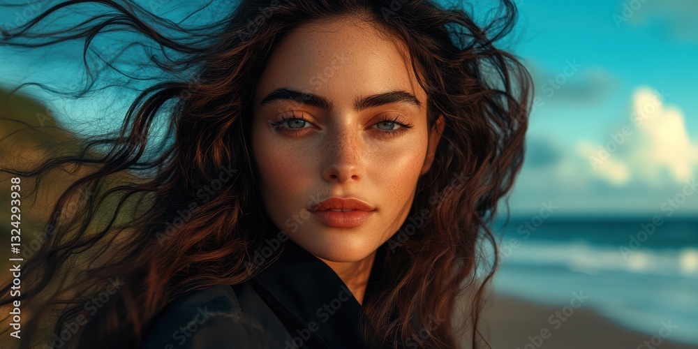 Fototapeta premium Woman With Flowing Hair Embraces Nature's Beauty on a Coastal Hill Beneath a Bright Blue Sky Generative AI