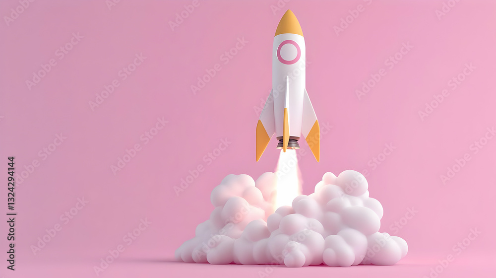A White And Gold Rocket Launching From A Cloud Of White Smoke On A Pastel Pink Studio Background With Minimalist Design A White And Gold Rocket Launching From A Cloud Of White Smoke On A Pastel Pink Studio Background With Minimalist Design
