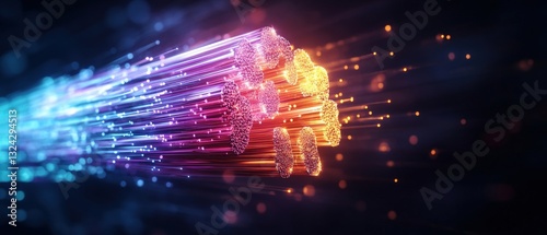Intricate dna strand with vibrant neon fiber optic cables illuminating the background in a stunning display