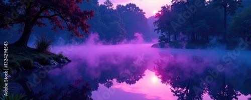 Fine mist of purple water creates a veil-like effect around a still pond at night, fine mist, reflective