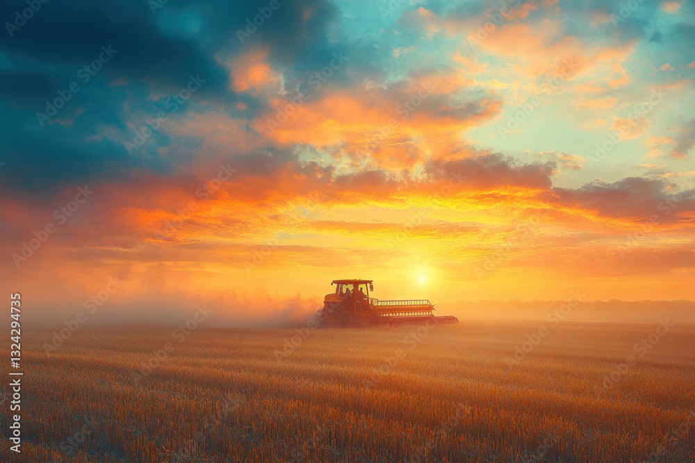 Fototapeta premium Combineer harvesting wheat in a field at sunset.