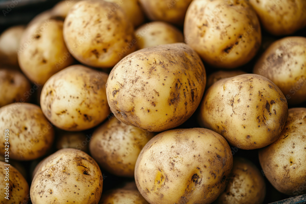 Stack of potatoes on table, rustic kitchen setting. Stack of potatoes on table, rustic kitchen setting.
