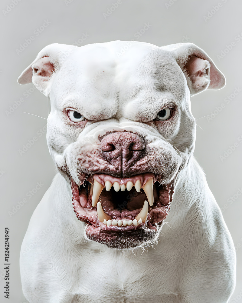 Portrait of powerful angry white Pitbull dog showing teeth isolated on white. Aggressive pit bull terrier type dog snarling at the camera with sharp teeth Portrait of powerful angry white Pitbull dog showing teeth isolated on white. Aggressive pit bull terrier type dog snarling at the camera with sharp teeth