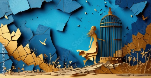 Paper cutout of woman stepping out of broken cage deep blue and muted gold symbolizing freedom from limitations and self discovery