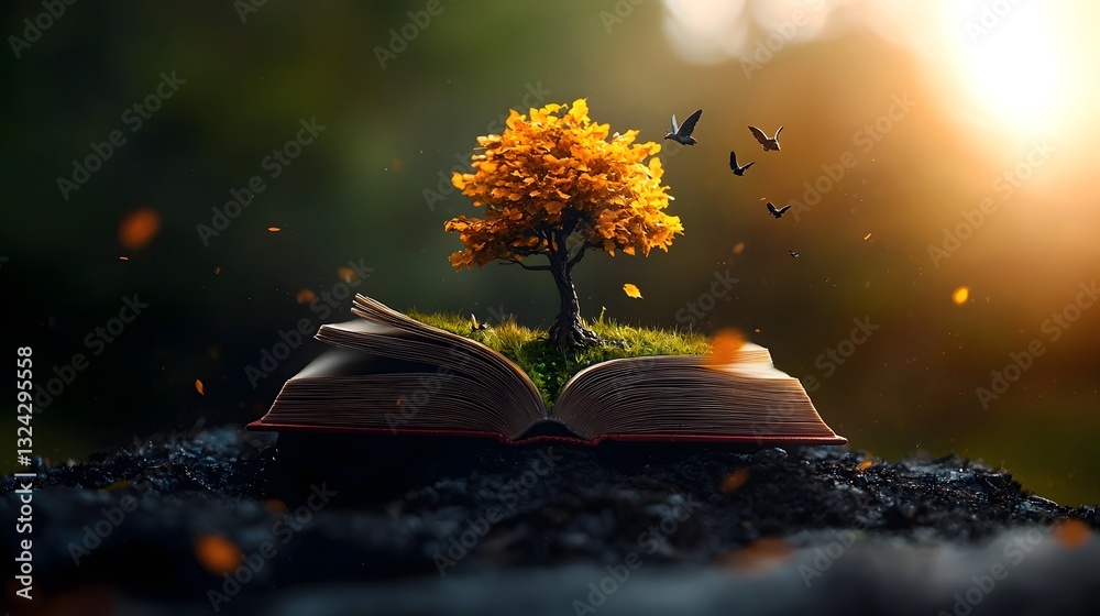 Fototapeta premium Enchanted open book with a flourishing tree sprouting from its pages blending the realms of literature and nature in a peaceful forest setting with warm golden hues and impressionistic brushwork