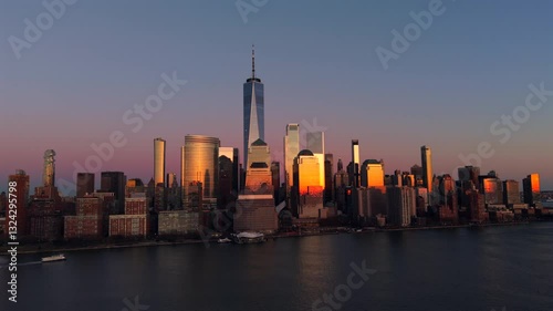 Sunset, Manhattan downtown skyline, Cityscape, Aerial footage, Cinematic color