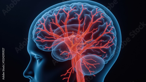 image depicts detailed illustration of human brain with network of red veins, showcasing intricate vascular system