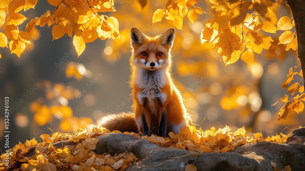 Fototapeta premium Red fox in autumn forest surrounded by golden leaves under soft sunlight