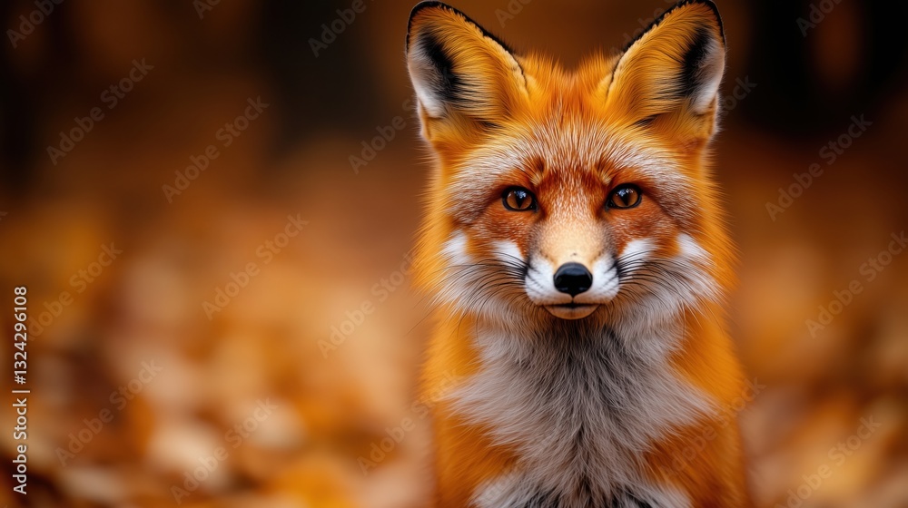 Fototapeta premium Beautiful fox with bright orange fur stands amidst autumn leaves in a tranquil forest setting during golden hour, capturing the essence of wildlife in nature