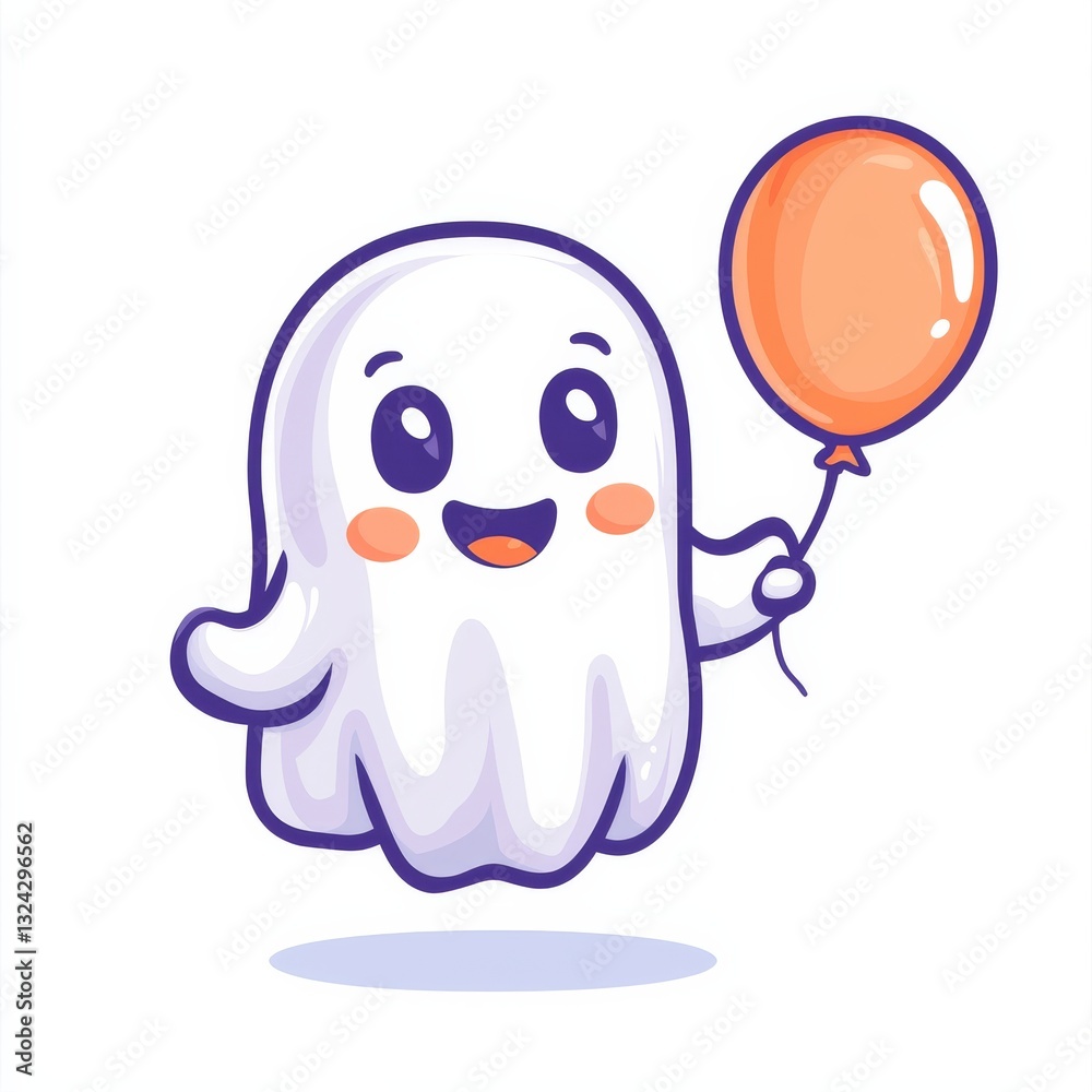 Fototapeta premium Cute Cartoon Ghost Holding an Orange Balloon