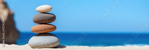 Zen Wellness Mindscape Balanced Stone Stack Symbolizing Holistic Tranquility - Minimalist Meditation and Stress Relief Visual for Mindfulness Branding