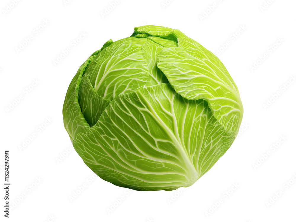 Fototapeta premium Fresh green cabbage displayed on a solid black background highlighting its crisp leaves and natural vibrancy isolated on a white background.