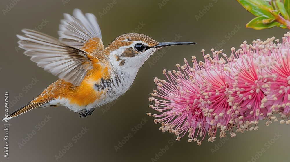 Fototapeta premium Hummingbird hovering near pink flower, capturing nectar in a serene garden setting during springtime