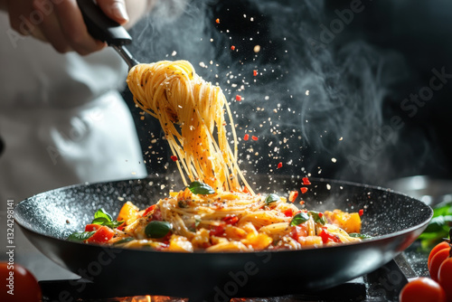 Person sping spaghetti into a skillet. Cooking pasta on stove, steam rising from skillet. Ingredients and utensils on kitchen counter. Brightly lit kitchen scene. photo