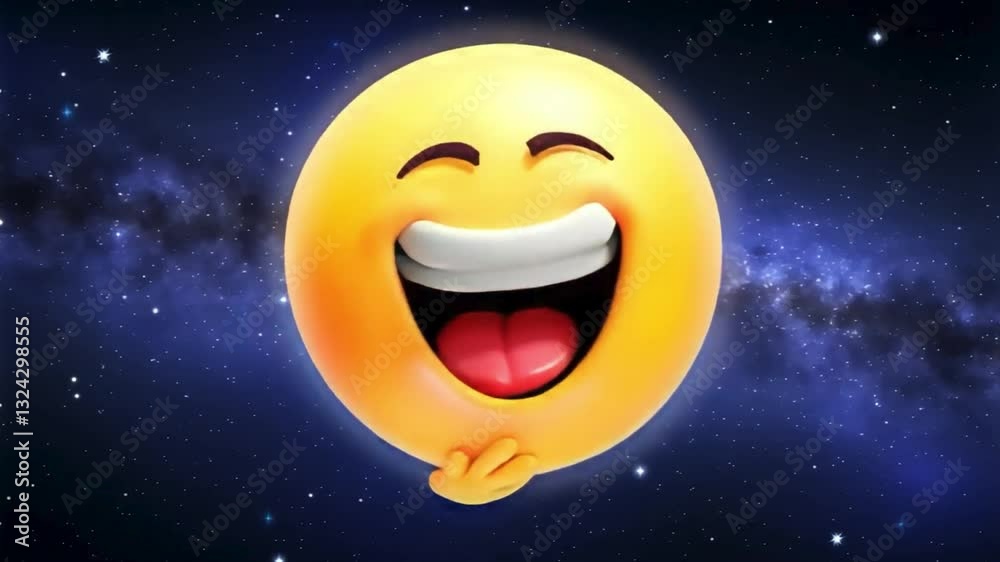 A laughing emoji holding its stomach while floating in space.