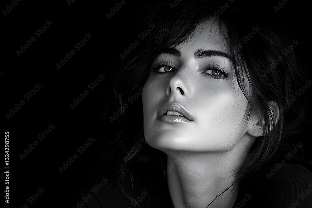 Ultra-high resolution black and white portrait of a woman with dramatic lighting enhanced by color gel effects Ultra-high resolution black and white portrait of a woman with dramatic lighting enhanced by color gel effects