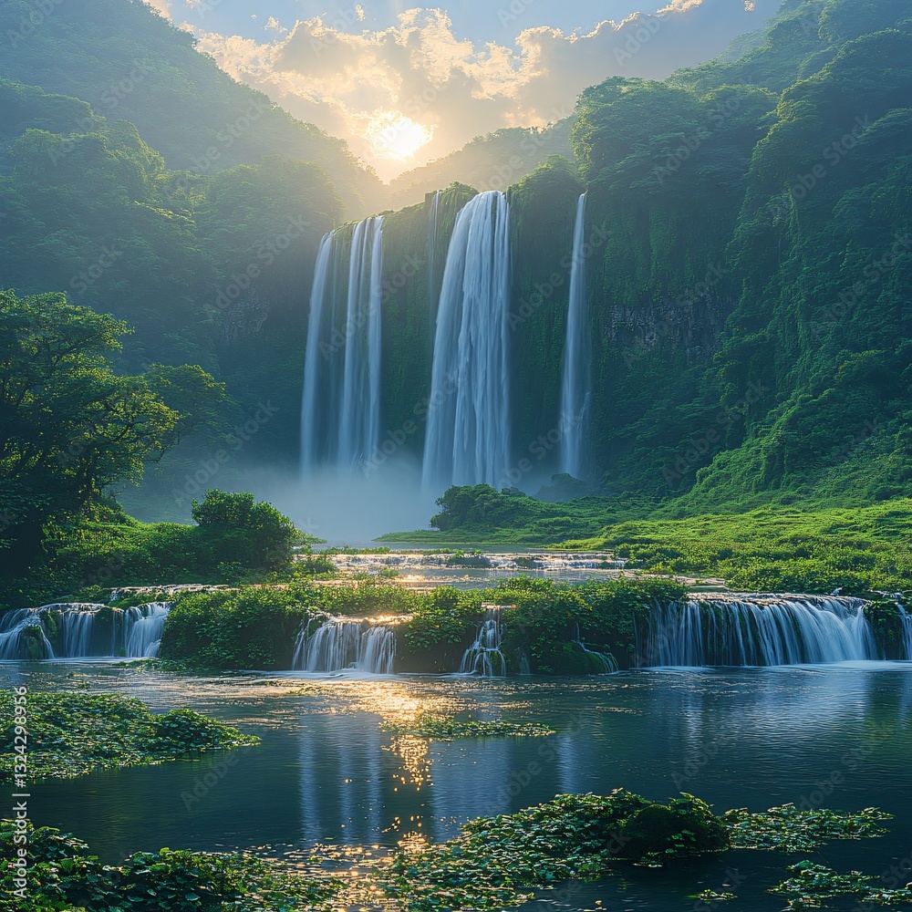 Fototapeta premium Majestic Waterfalls Cascading into Serene Lake Surrounded by Lush Greenery and Sky in Golden Hour Light