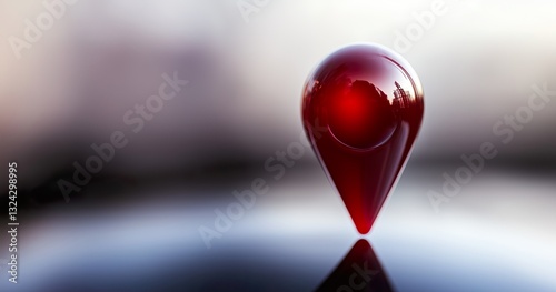 Red glossy location pin standing on reflective surface with blurred background, shallow depth of field