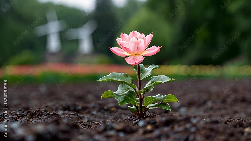 A vibrant pink flower blooming in a garden with windmills and colorful tulips in the background A vibrant pink flower blooming in a garden with windmills and colorful tulips in the background