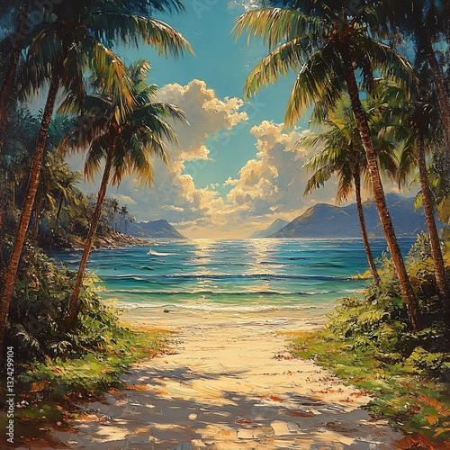 Serene Tropical Beach with Palm Trees and Cloudy Blue Sky at Sunset in Paradise Setting
