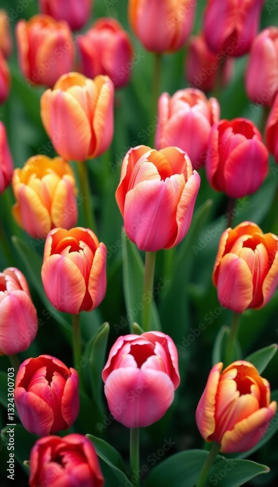 Fototapeta premium Colorful tulip flowers blooming together in seamless design, decoration, Spring, floral