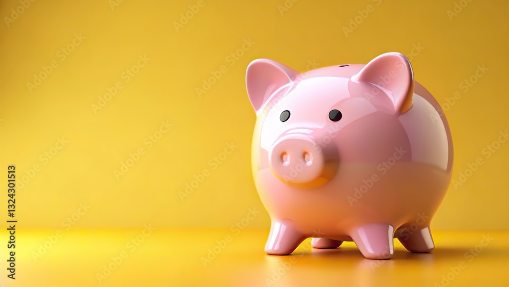 3d cute cartoon pink piggy bank isolate on yellow background. Generative AI