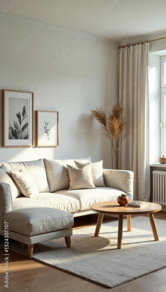 Fototapeta premium Cozy scandinavian living room with minimalist furniture, european, furniture, minimalist