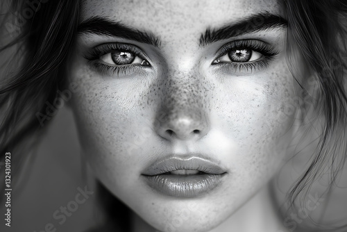 Ultra-high resolution black and white portrait of a woman with dramatic lighting enhanced by color gel effects photo