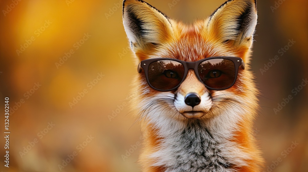 Obraz premium Amidst vibrant autumn leaves, a charming fox in stylish sunglasses stands in a sunlit forest
