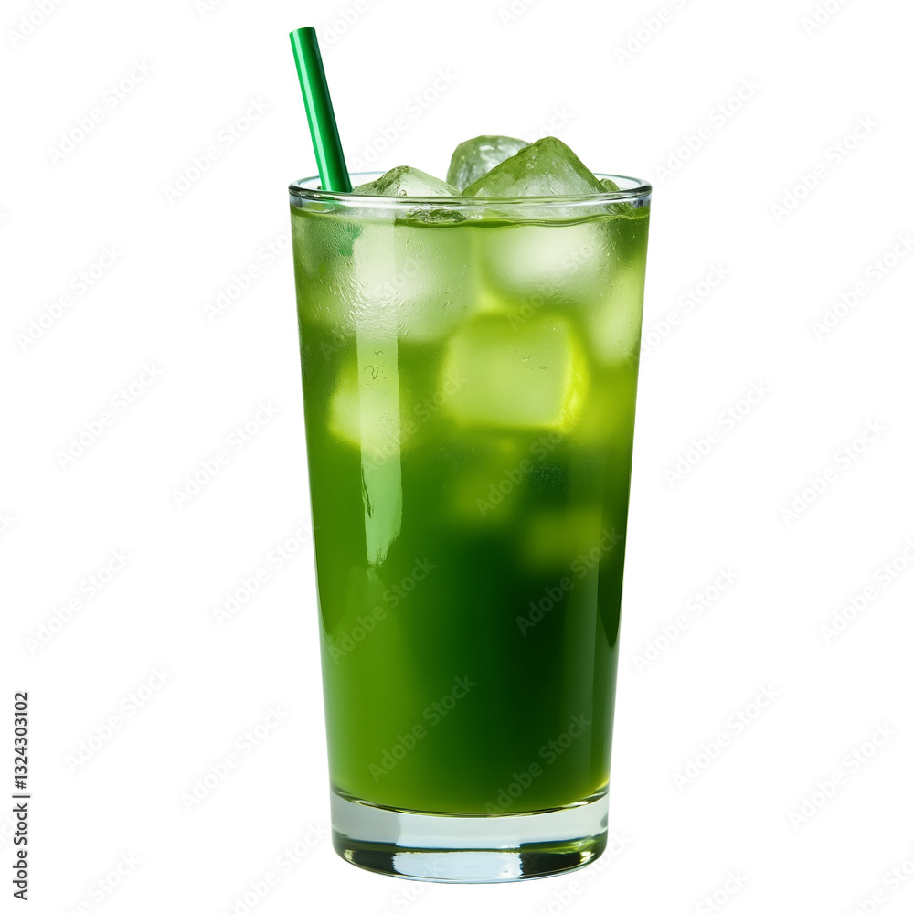 Refreshing green drink in clear glass with ice and green straw, Tokyo tea cocktail Refreshing green drink in clear glass with ice and green straw, Tokyo tea cocktail