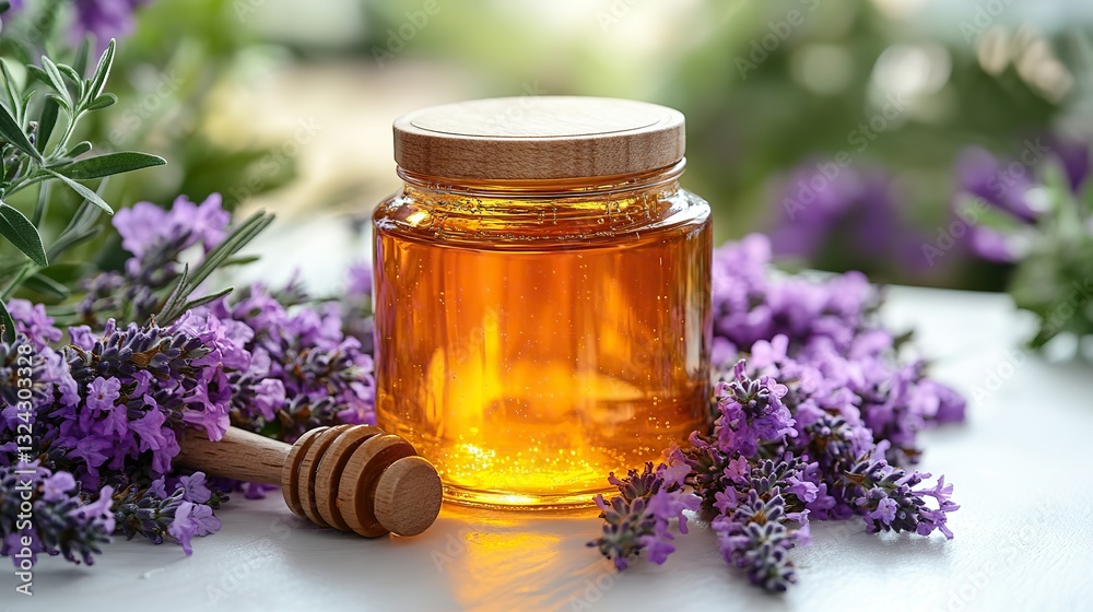 On a white surface, a glass honey jar, wooden dipper, and fresh lavender, chamomile, and pansies create a healthy, natural atmosphere. On a white surface, a glass honey jar, wooden dipper, and fresh lavender, chamomile, and pansies create a healthy, natural atmosphere.