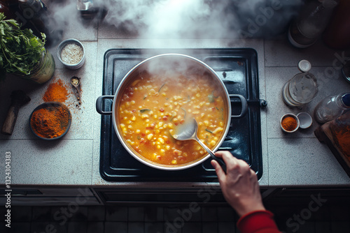 Overhead perspective of someone stirring a steaming pot of soup on the stove, with various spices and ingredients scattered on the nearby counter.