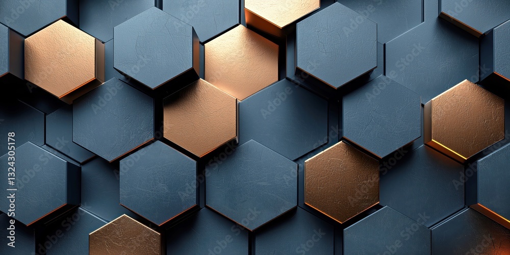 Modern geometric pattern featuring silver and copper hexagons on a dark background for interior design inspiration Modern geometric pattern featuring silver and copper hexagons on a dark background for interior design inspiration